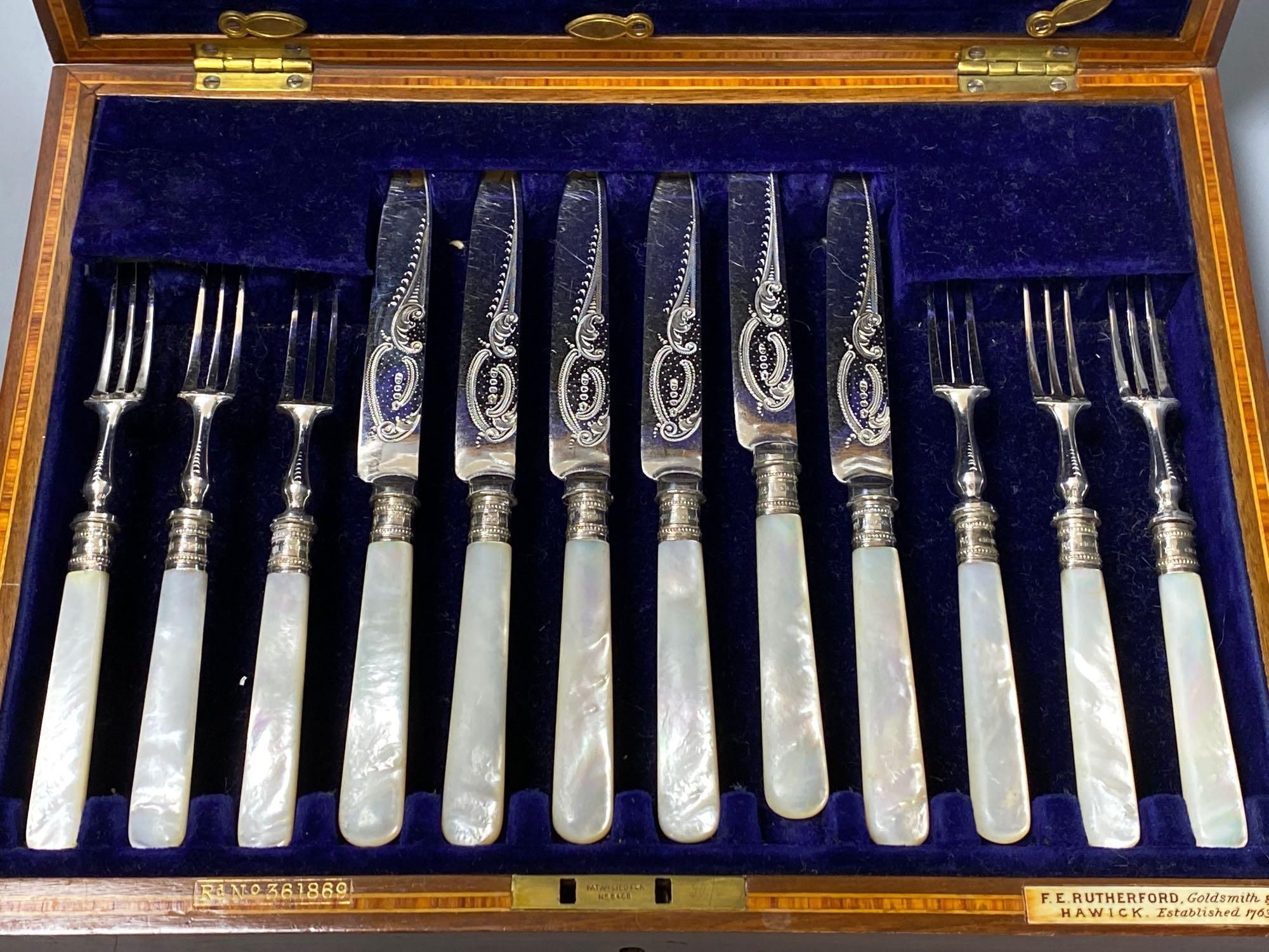 A cased set of plated dessert knives and forks with mother of pearl handles